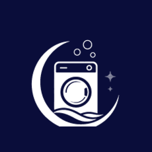 Laundry Karon logo, white moon and washing machine icon on navy background