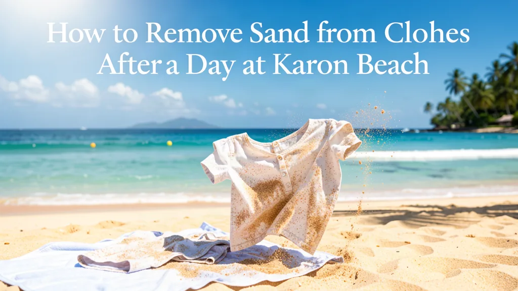 Removing sand from clothes after a day at Karon Beach, sandy t-shirt on a beach towel